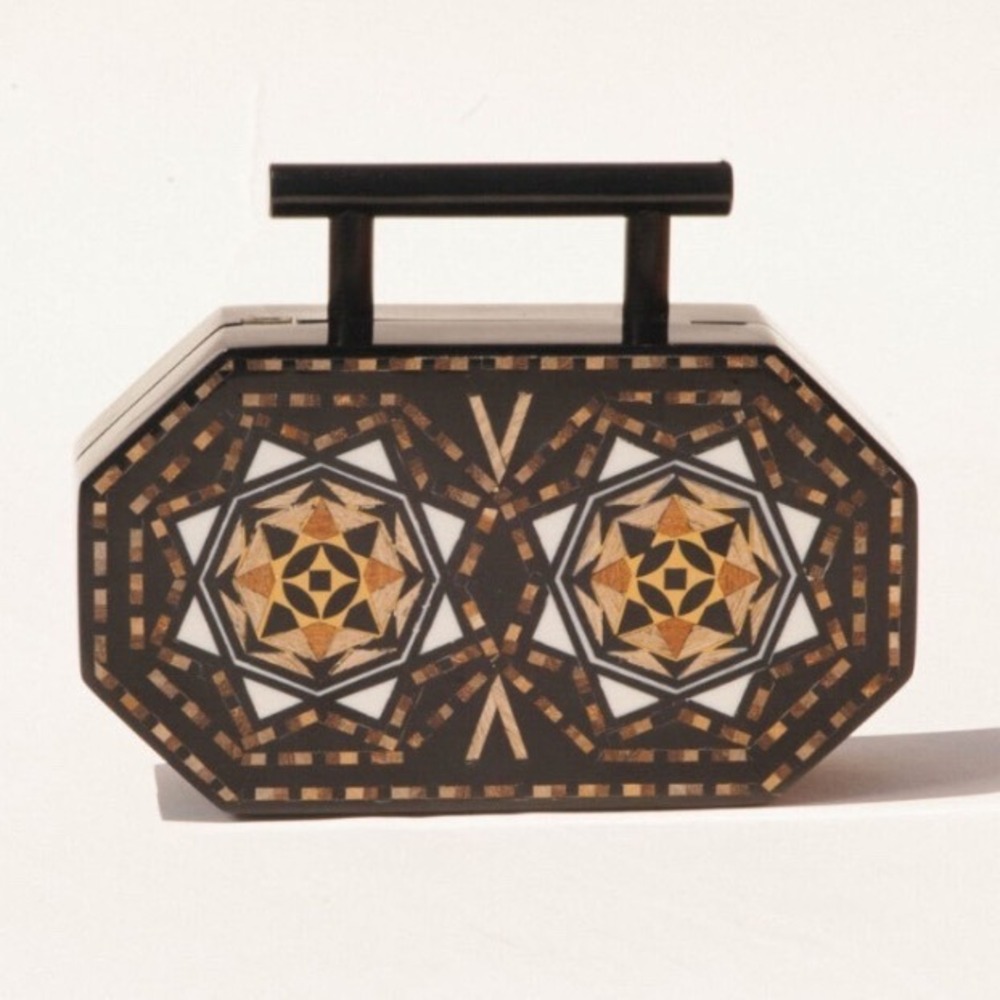 NWT Ramla Damas Handmade Wood Inlay Hexagon Clutch Black Brown Artisan Statement